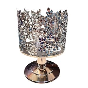 Glitter Snowflake 3-Wick Pedestal Candle Holder Blue, White, & Silver